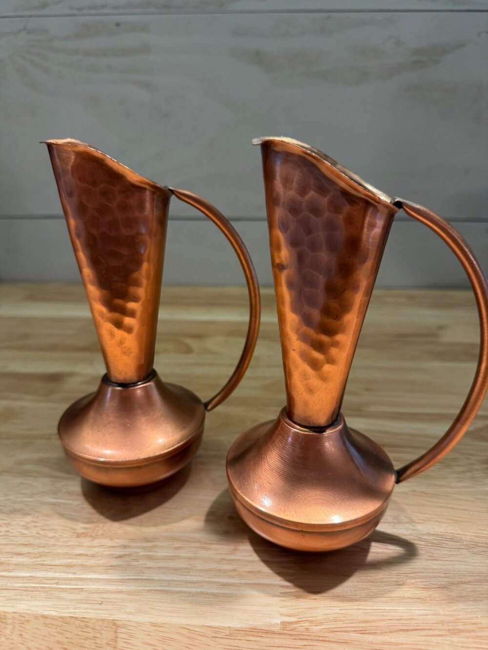 Vintage Gregorian Hammered Copper Mid Century Ewer Pitcher Bud Vase Set of 2
